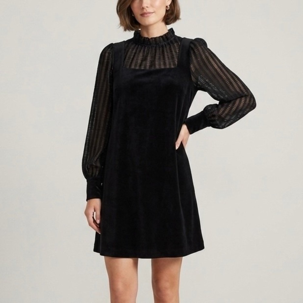 ME+EM Flocked Check Stretch Velvet Mini Swing Dress Black Sheer Ruffle Neck Sz 8